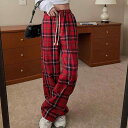 パンツ レディース アメリカンレトロ ワイドパンツ 秋冬 チェック柄 高腰 ストレートパンツ リラックスパンツ コットン混紡