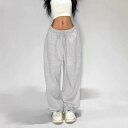 パンツ レディース ストリート カジュアル ワイドレッグパンツ ポリエステル ヒップホップ ダンス 無地 灰色 黒色 2025春夏