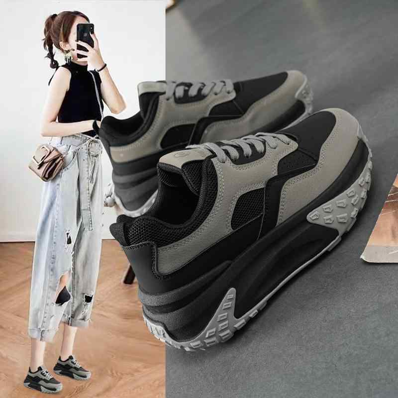 スニーカー レディース 運動靴 カジュアル シューズ レトロ 厚底 ダッドスニーカー スタイルアップ ブラック グレー 春秋 合成皮革