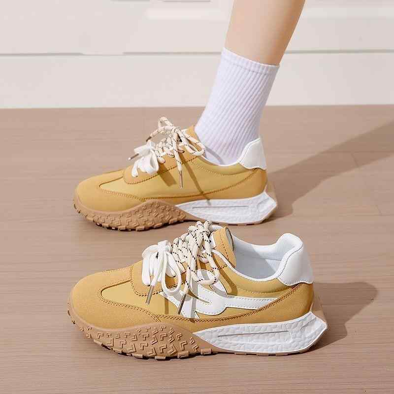 スニーカー レディース 厚底 ランニングシューズ 運動靴 配色 EVAソール ローカット 紐靴 カジュアル 歩きやすい 滑り止め 春季 女性 イエロー ピンク系