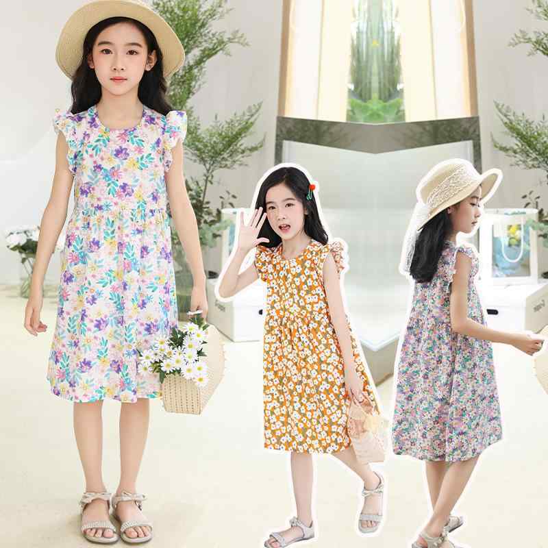 ワンピース ガールズ 子供 半袖 薄手 綿 春夏 花柄 膝丈 プリンセス かわいい 部屋着 パジャマ 白 紫 オレンジ ピンク 赤 黄色 緑