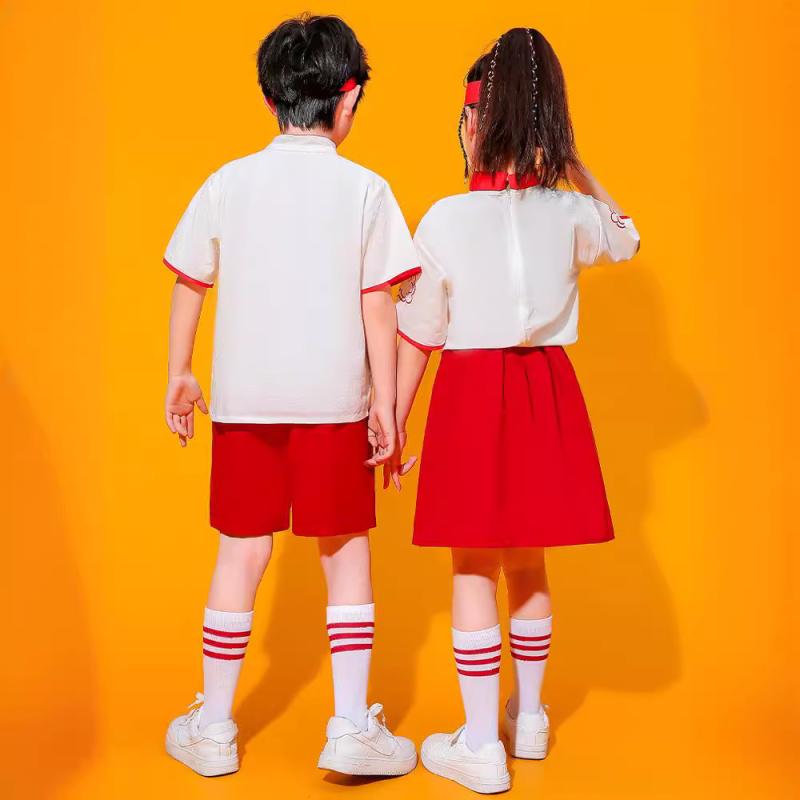 子供用ダンス衣装 チアリーディング 中国風 合唱 発表会 小学生 運動会 コスチューム 綿 春夏 赤 白