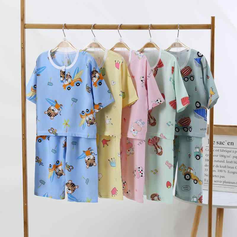 子供用パジャマ 上下セット 薄手 半袖&amp;七分袖 ポリエステル繊維 アニマル柄 花柄 かわいい 夏 中 ছ..