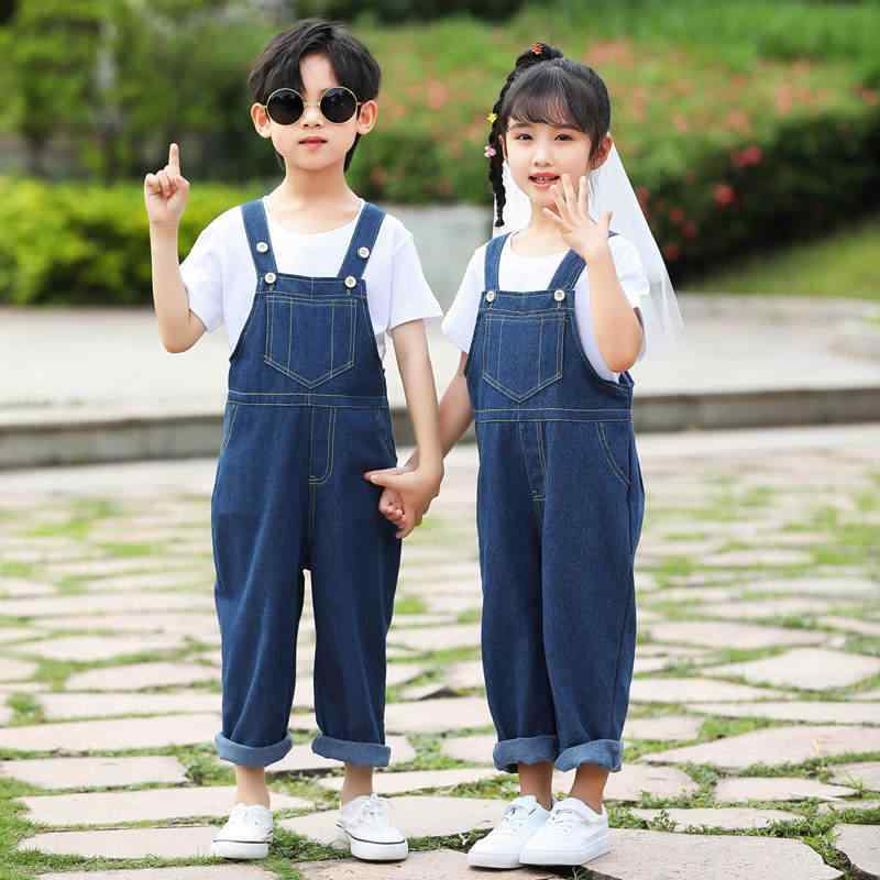 子供用セットアップ デニム オーバーオール パンツ 中国風 小学生 幼稚園 ダンス 衣装 半袖 薄手 夏 綿..