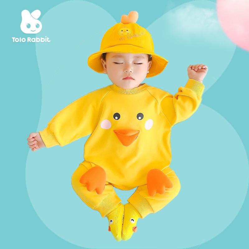 カバーオール ベビー服 長袖 春秋 綿 かわいい アヒル 男女兼用 ロンパース 帽子付き 靴下 バッグ セット 赤ちゃん 幼児 イエロー(x5)