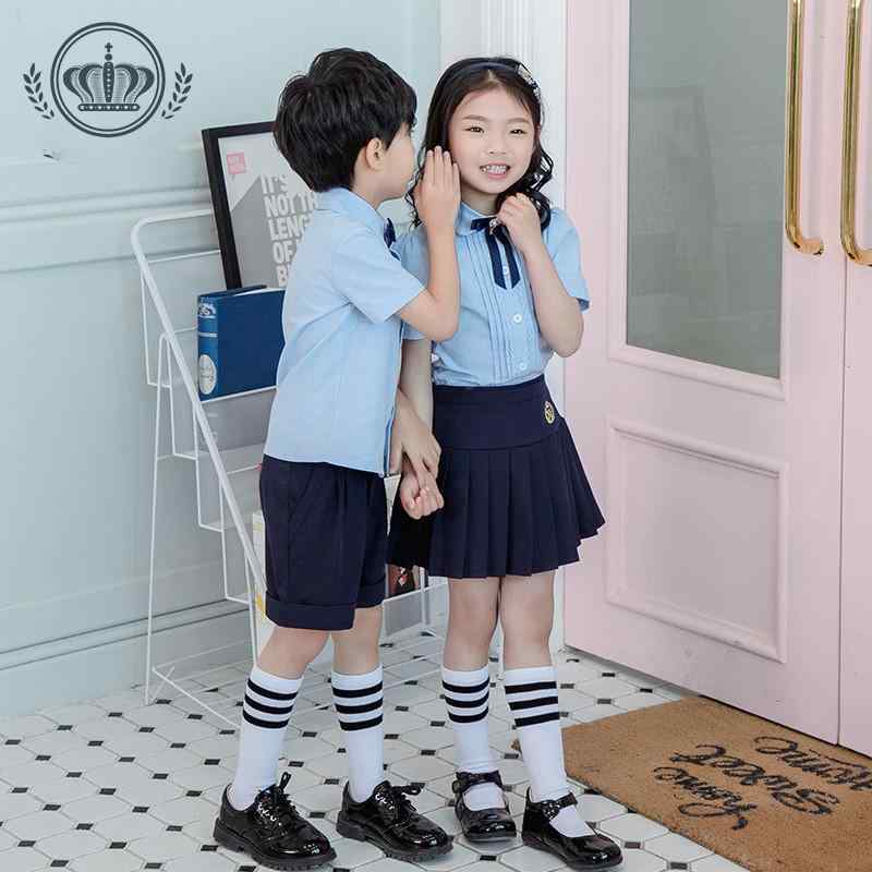 制服 キッズ 半袖シャツ プリーツスカート ショートパンツ 上下セット 薄青 紺色 イングリッシュスタイ..