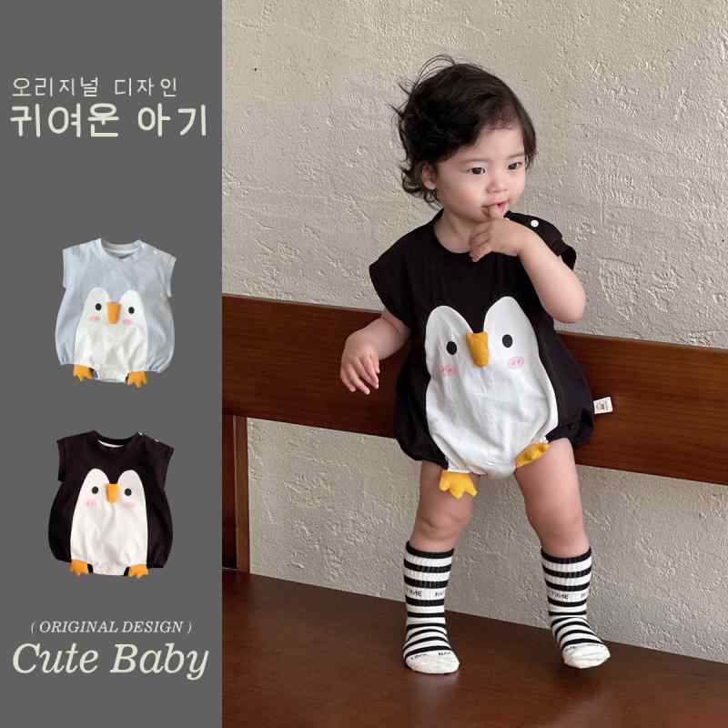 ベビー服 ロンパース かわいい ペンギン柄 ノースリーブ 薄手 コットン混紡 春夏 カジュアル 男の子 新..