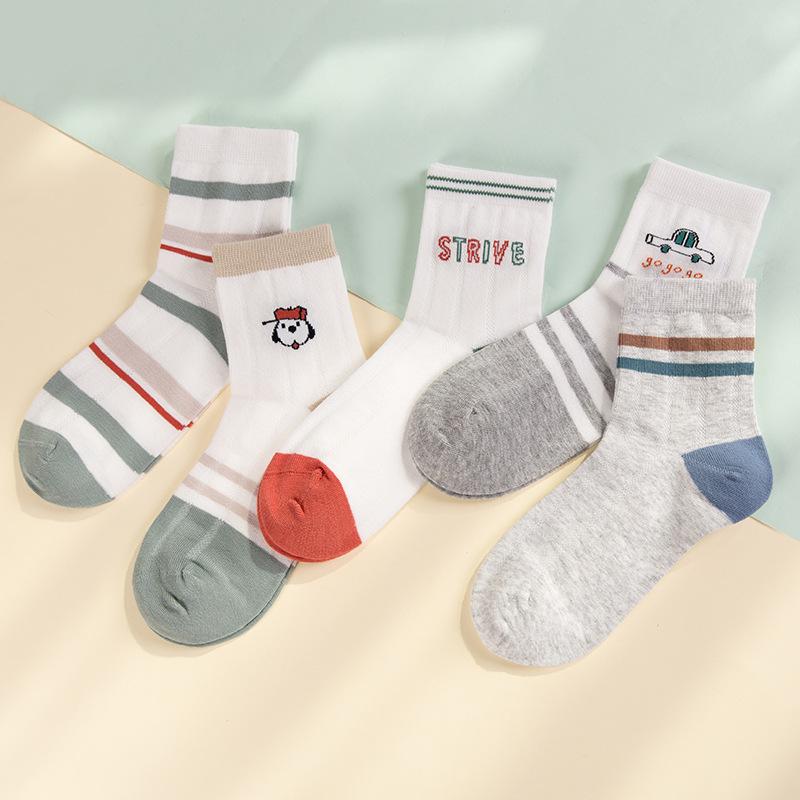 靴下 キッズ 子供 中筒ソックス 通気性 吸汗性 精梳綿 春夏 薄手 5足セット 6歳 7歳 8歳 9歳 10歳 11歳..