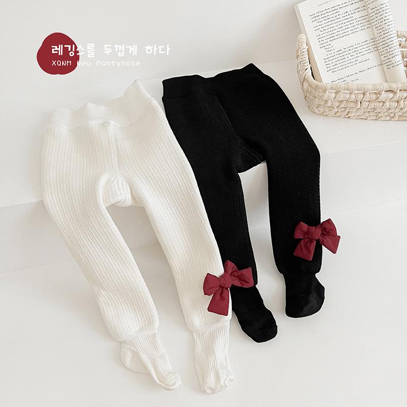 子供用タイツ ガールズ 秋冬 加絨 加厚 裏起毛 レギンス 蝶結び付き 一体型 暖かい 厚手 外着 ブラック..