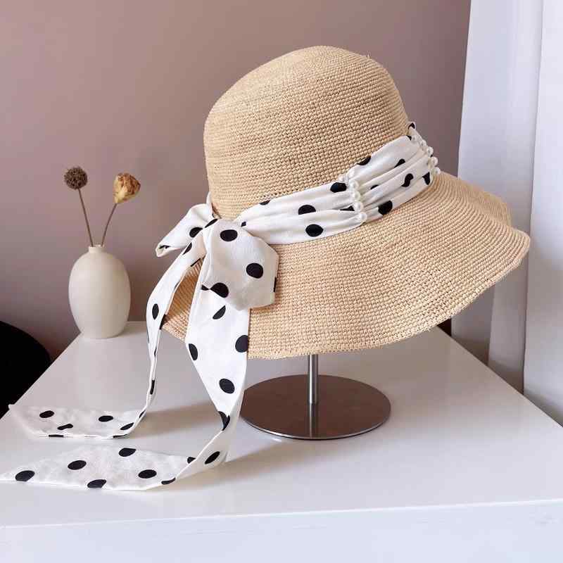 麦わら帽子 レディース 春夏 エレガント UVカット 紫外線対策 日よけ帽子 つば広 リボン付き ドット柄 ..