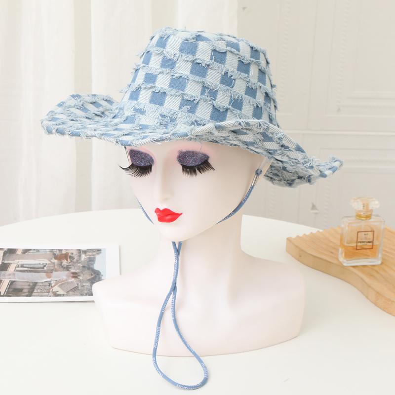 ハット レディース 春夏 秋冬 チェック柄 デニム ウエスタン カウボーイハット テンガロンハット つば..