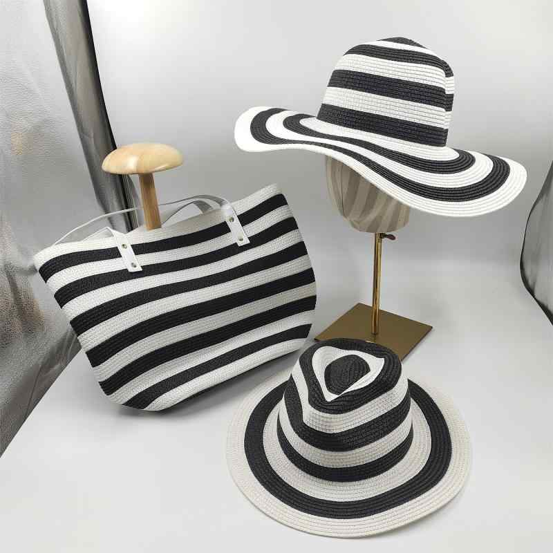 麦わら帽子 &amp; かごバッグ セット レディース 春夏 折りたたみ 大判 ストライプ アウトドア UVカッ..