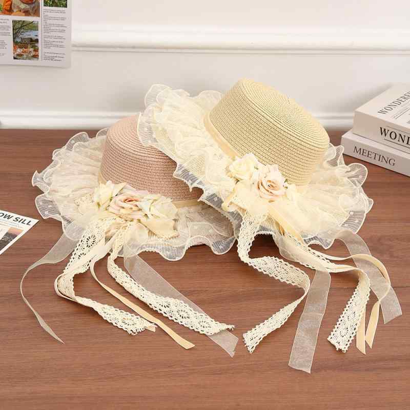 麦わら帽子 レディース 春夏 網状 チュール 花柄 レース 日焼け防止 遮光 紫外線対策 アウトドア 平ら..