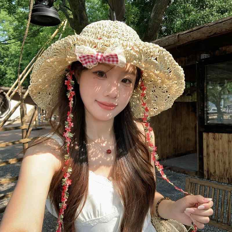 麦わら帽子 レディース 春夏 蝶結び 花柄 リボン ストローハット 日よけ UVカット 紫外線対策 つば広帽..