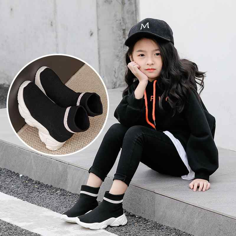 スニーカー キッズ 子供用 運動靴 通気性 ニット 軽量 柔らかい 靴下型 春秋 黒色(x2)