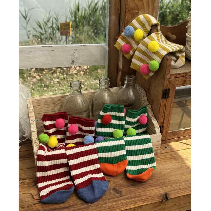 靴下 キッズ 子供 ストライプ 薄手 ソックス 中筒丈 配色 毛玉 綿 イエロー レッド グリーン