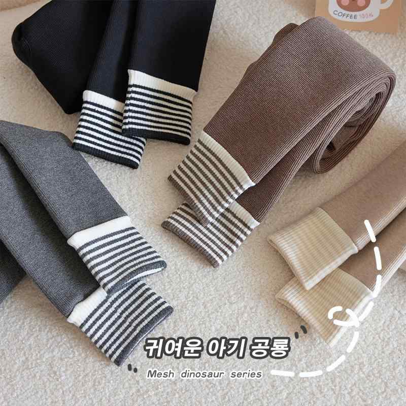 キッズタイツ 女の子 秋冬 厚手 あったか コットン レギンス 一体型 裏起毛 ストライプ 黒 ブラック コーヒー色 ダークグレー 杢オートミール(x2)