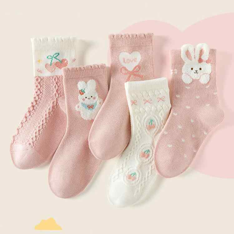 靴下 キッズ 女の子 ピンク系 春秋 綿 中筒 ソックス 動物柄 うさぎ 5足セット かわいい 幼稚園 保育園 小学生 通園 通学