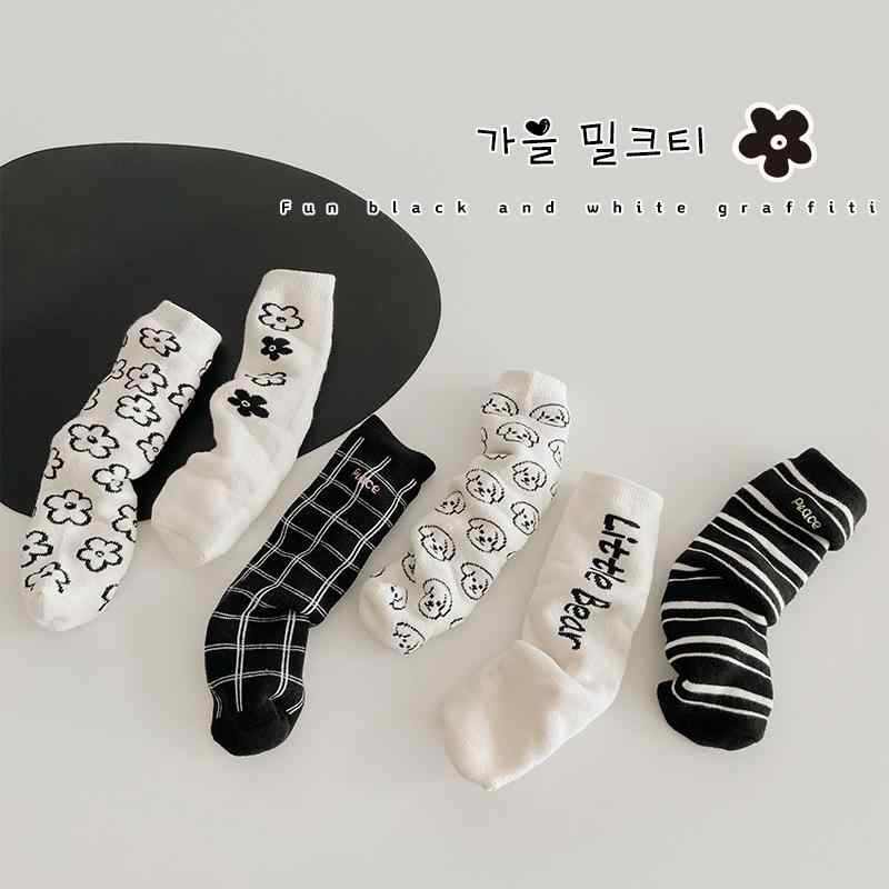 靴下 キッズ 冬用 厚手 花柄 男女兼用 子供 毛混紡 パイル編み ソックス 3足セット かわいい モノトー..