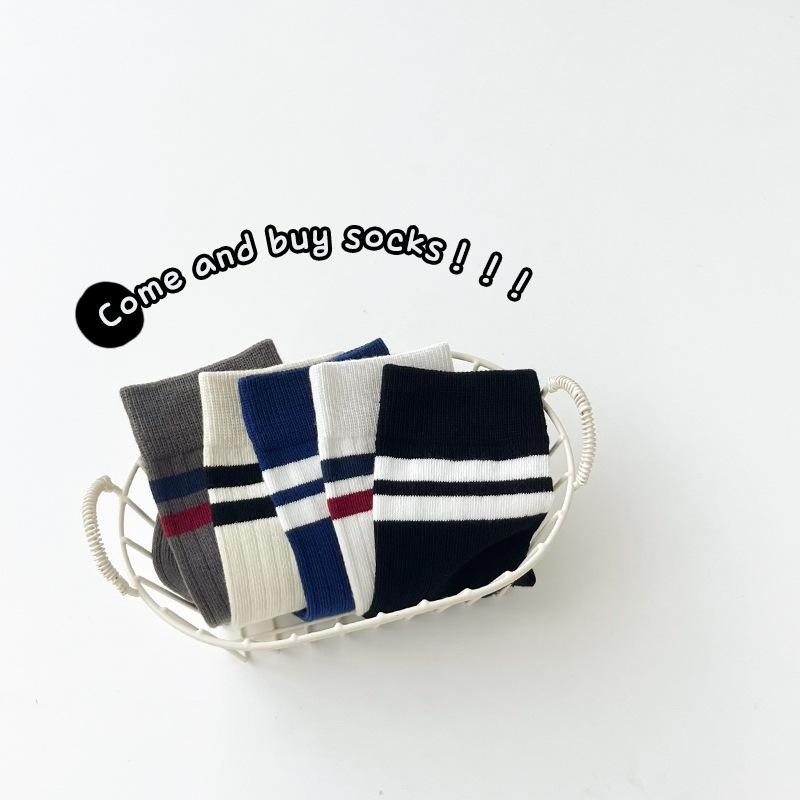 靴下 キッズ ソックス 秋冬用 子供 中筒丈 ストライプ柄 コットン 混紡 通気 吸汗 5足セット M L XLサ..