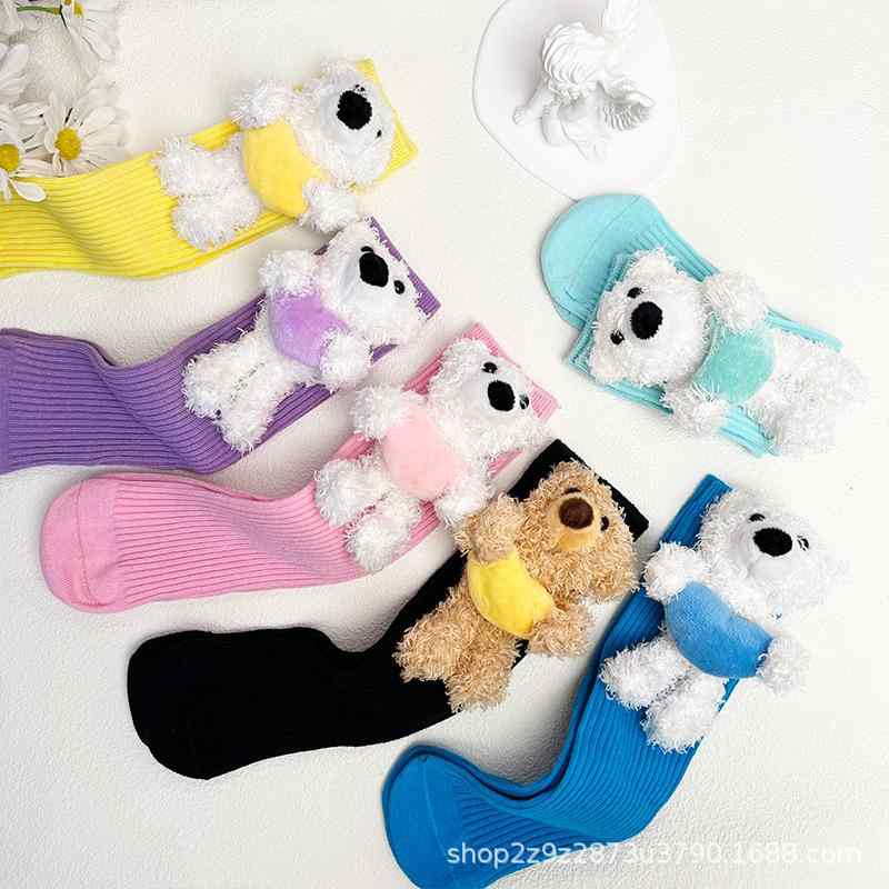 靴下 キッズ 女の子 立体 小熊 コットン 春夏 かわいい 個性派 おもしろ ぬいぐるみ パステルカラー(x5)