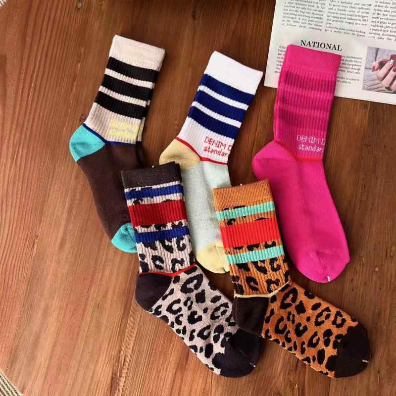 靴下 キッズ 子供 親子 春夏 ヒョウ柄 キャンディカラー 配色 リブ編み ミドル丈 ソックス 5色展開(x2)