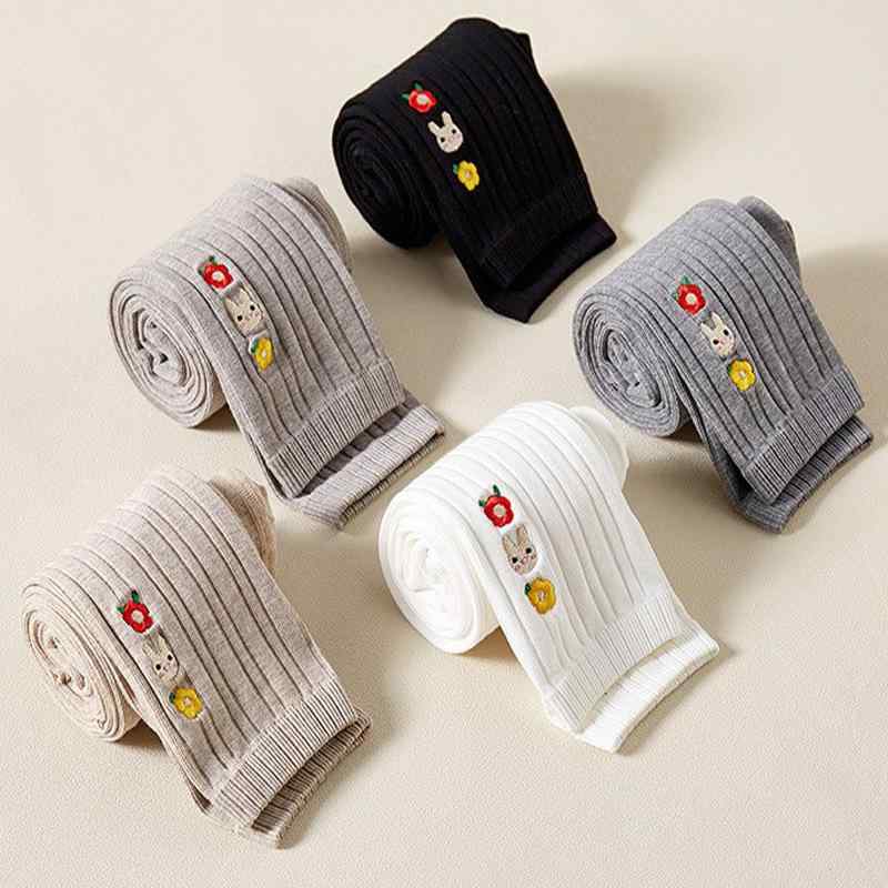 キッズ タイツ スパッツ 春秋 薄手 コットン 刺繍 花柄 ウサギ レース リボン かわいい 女の子 子供 白..