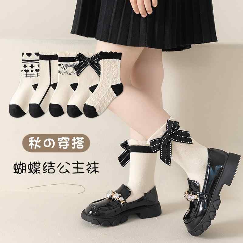 靴下 ガールズ 子供用 ソックス 春秋 中丈 黒 白 プリンセス 蝶結び コットン 花柄 レース かわいい キ..