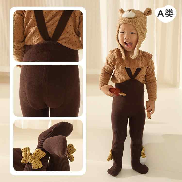 子供用タイツ・レギンス 春秋 ベビー 連体ストッキング 高腰 腹巻付き リボン 女の子 背帯付き 無地 通..