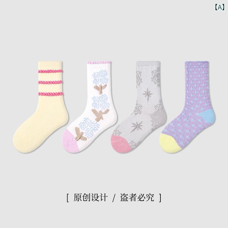 靴下 キッズ 女の子 子供 靴下 春秋 中筒 ソックス 花柄 刺繍 コットン 通気性 吸汗 かわいい 3歳 4歳 ..