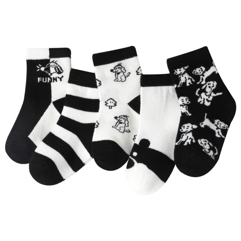 靴下 キッズ 黒白 カートゥーン 刺繍 子供用 ソックス 通気性 コットン混紡 秋冬 春秋 ストライプ ドッ..