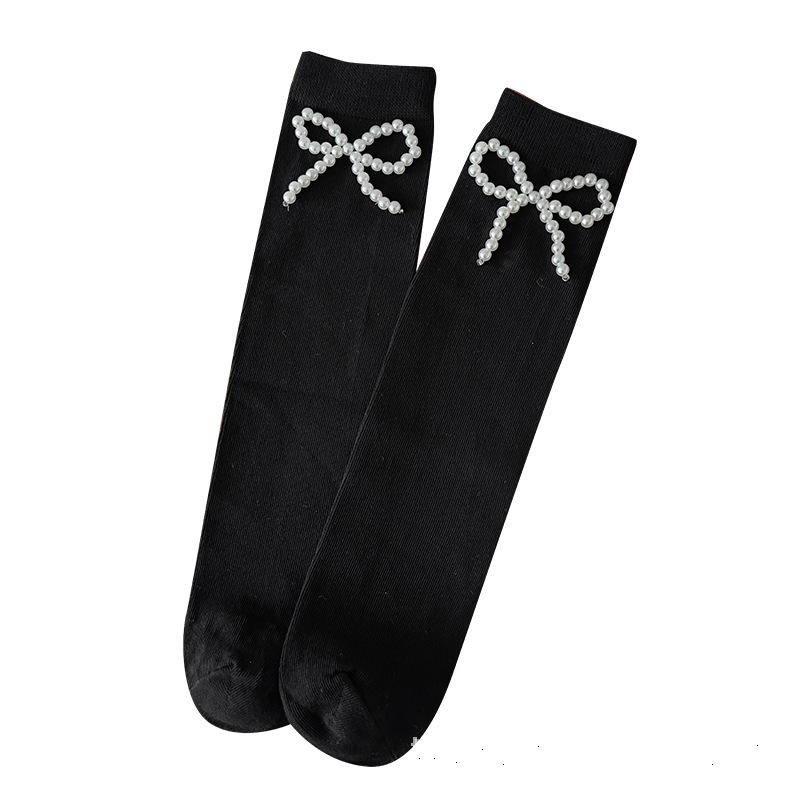 靴下 キッズ 女の子 コットン 中筒丈 フリル レース リボン付き 通気性 吸汗性 春秋 黒 白