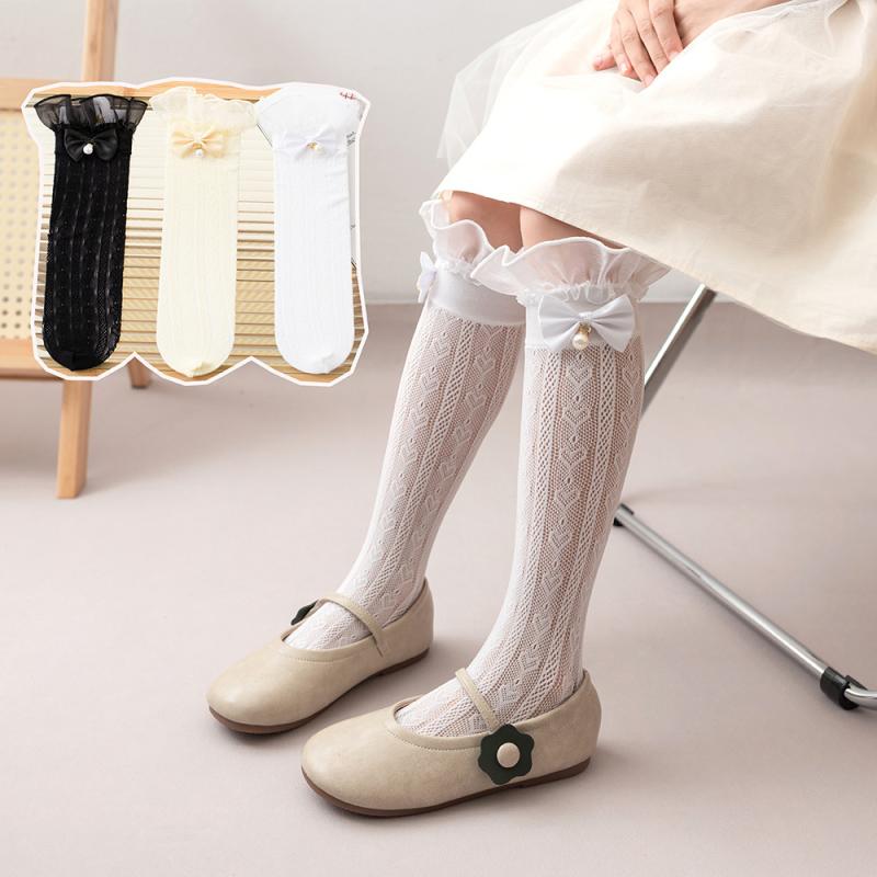 靴下 キッズ 女の子 立体 花柄 レース パール 蝶結び メッシュ 通気性 吸汗性 薄手 白 黒 黄色 4歳 5歳..