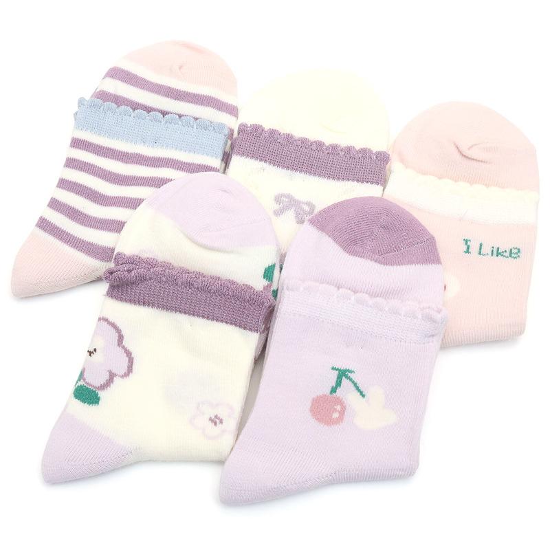 靴下 キッズ 子供 女の子 春夏 薄手 通気性 吸汗性 ストライプ ミドル丈 コットン かわいい(x10)