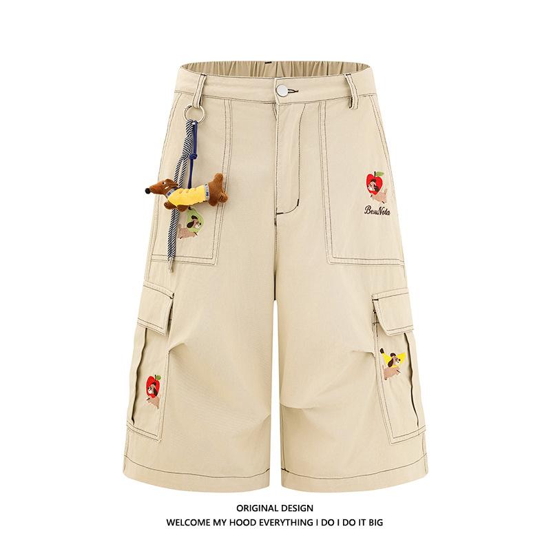 ハーフパンツ 男性用 コットン 花柄 刺繍 ワークパンツ ルーズ ワイド カーキ 普段使い