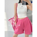 ショートパンツ レディース 春夏 街頭 甜辣 スポーツ 短パン 薄手 ゆったり 中裤 ゴムウエスト プリーツ ミドル丈 五分丈 白 緑 黒 紫 グ...