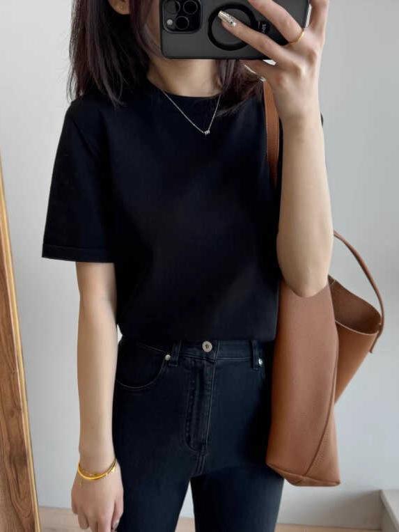 ニット レディース 長袖 Tシャツ カットソー 綿混紡 ゆったり 薄手 無地 春秋 白 グレー 黒