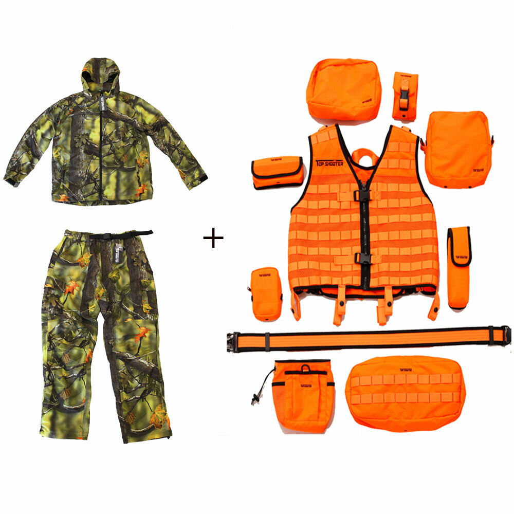 【沖縄・離島への配送不可】トップシューターモジュラーハンティングベストセット＋ライトウェイトグリーン迷彩ジャンパー・パンツ上下セット XL