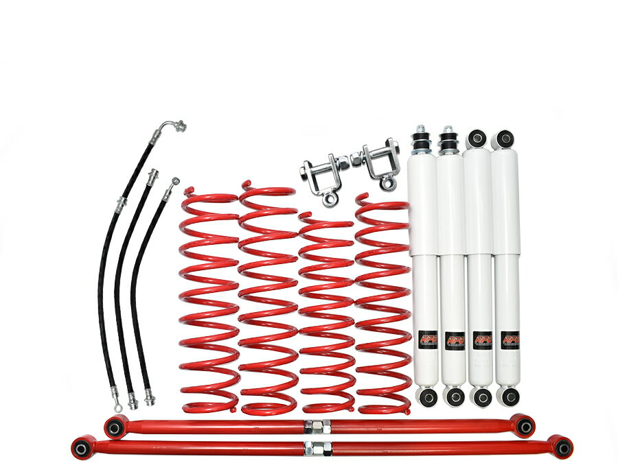 【沖縄・離島への配送不可】ジムニー JB23/JB33/JB43 リフトアップキット3インチ ロングショック白ラテラルロッド赤サスコイル赤ロングブレーキホース・リア用ショック延長ブラケット付き