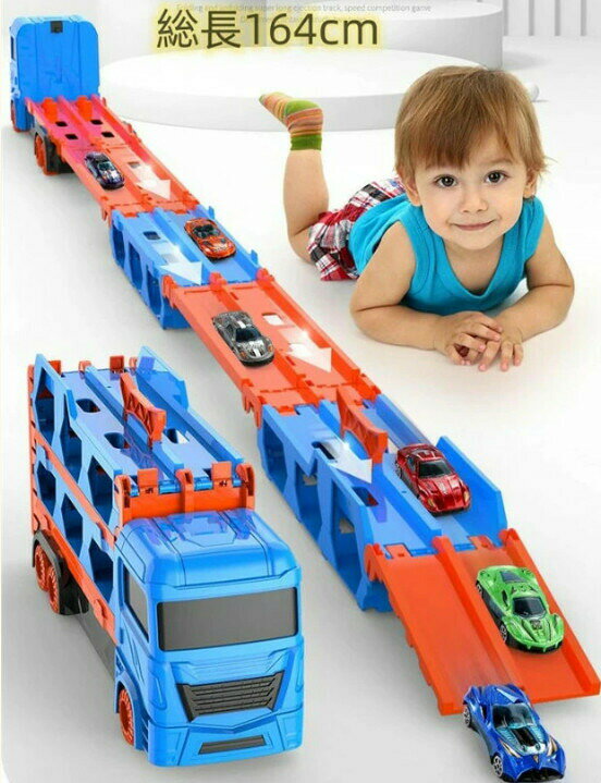 ZEV SHOPの車おもちゃ 働く車 収納トラック トレーラーおもちゃ 三層折りたたみ 噴出鉄道 レール164cm 競技 大きめ 6台ミニカーセット カタパル トイカー 運搬車 ミニカー 工事カー 乗り物のおもちゃ くるま 作業車両 男の子 丈夫｜アングル2