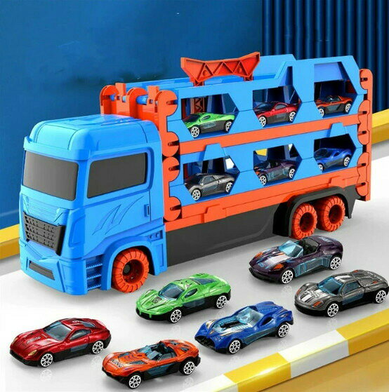 ZEV SHOPの車おもちゃ 働く車 収納トラック トレーラーおもちゃ 三層折りたたみ 噴出鉄道 レール164cm 競技 大きめ 6台ミニカーセット カタパル トイカー 運搬車 ミニカー 工事カー 乗り物のおもちゃ くるま 作業車両 男の子 丈夫｜アングル3