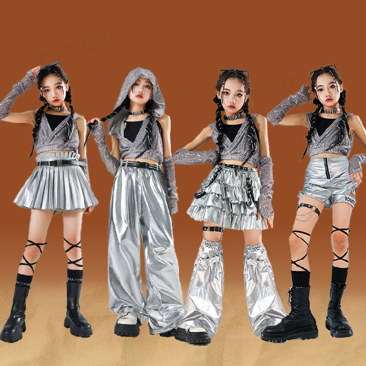 ダンス 衣装 キラキラ キッズ シルバー へそ出し トップス 女の子 セットアップ ス...