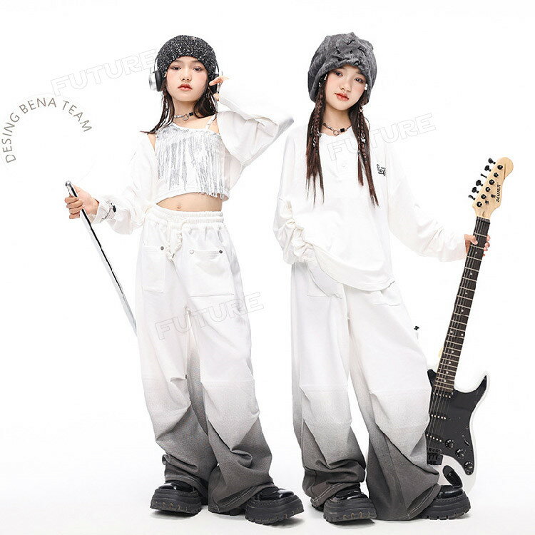 キッズ ダンス 衣装 白 パンツ へそ出し トップス セットアップ 女の子 カーゴパン...