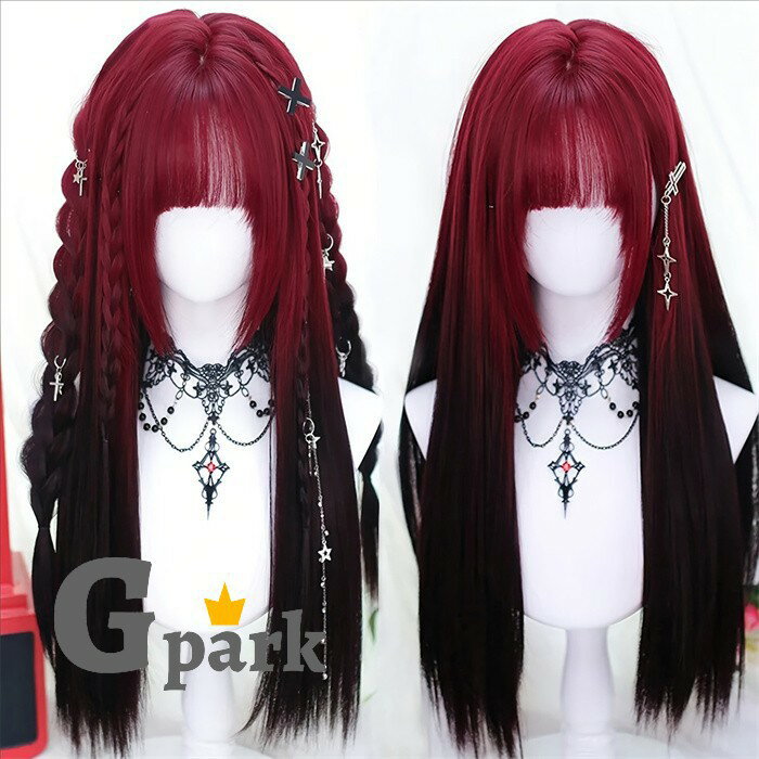 Other - フルウィッグ ロング ストレート グラデーション レッド ワインレッド 赤 黒 姫カット レディース かつら ウイッグ 小顔 自然 ネット付き 耐熱 ファッション 地雷系 量産型 ゴシック ロリータ 普段使い 撮影 イベント x1m7
