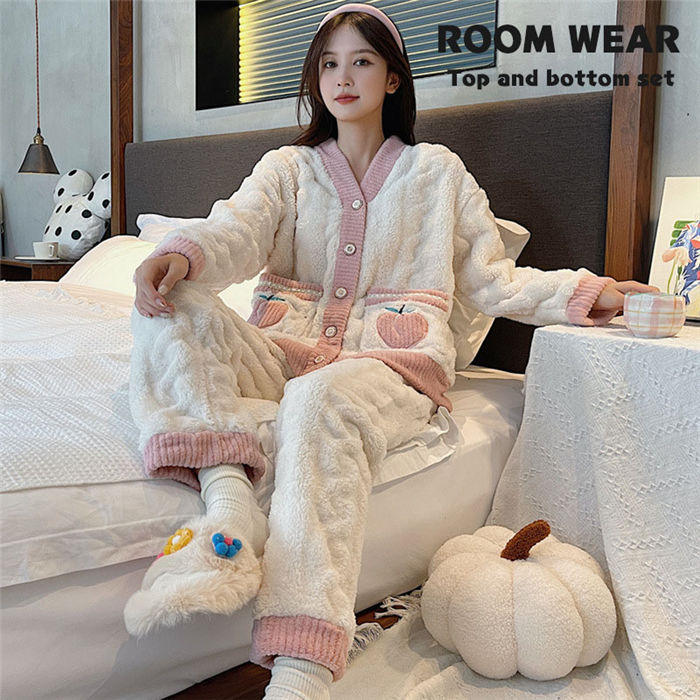 Rakuten - 時間全品10ルームウェア レディース かわいい 長袖パジャマ 冬 プルオーバー もこもこ 起毛 暖かい セットアップ トップス パンツ 2点セット 大きいサイズ 部屋着 寝間着 ラウンドネック ポケット付き ウエストゴム