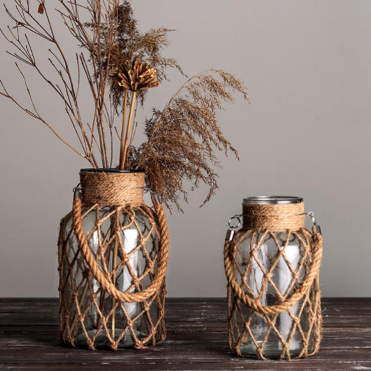 ガラス ハンドメイド フラワーベース ガラスベース 麻 おしゃれ シンプル 紐 手作り VASE #4 自然素材 スタイリッシュ デザイン 花器 ナチュラル 丸型 丸い フラワーベース ポット 洋風 インテリア #1 #2 #3 和風 #5 #7 花瓶 [3]