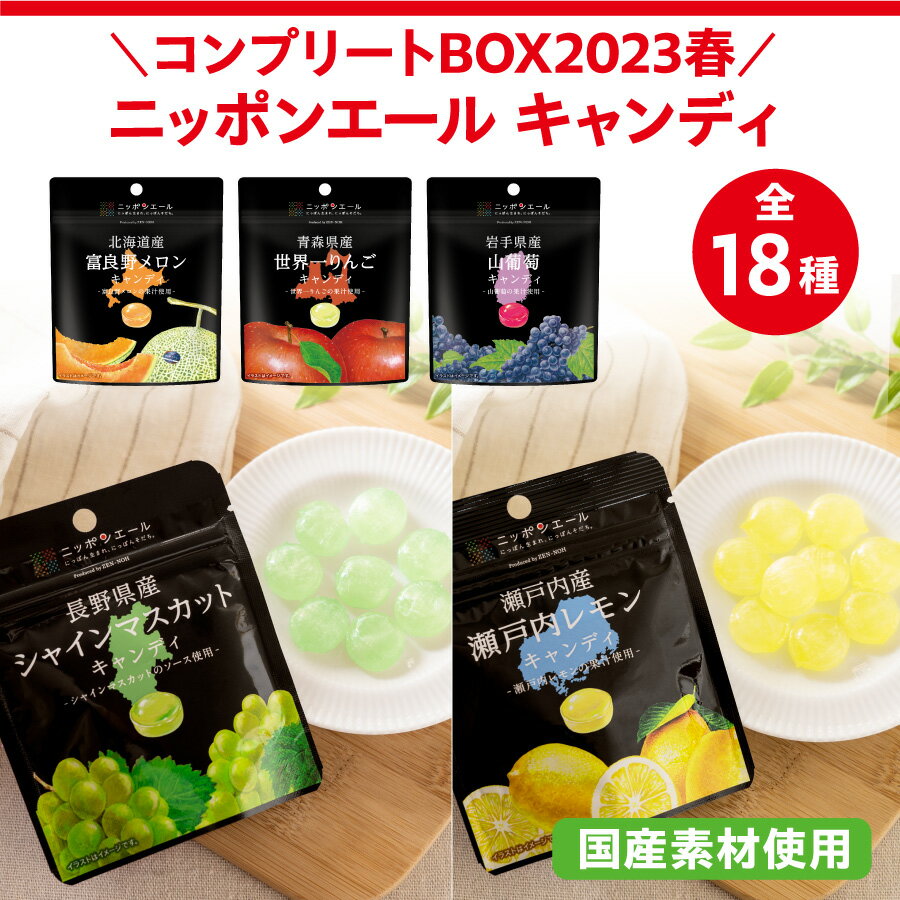 楽天全農食品オンラインショップニッポンエール キャンディ コンプリートBOX2023春 全18種 国産 原料使用 セット あめ ギフト お菓子 おやつ あめ ミックス タイプ 詰め合わせ 果実 りんご ぶどう レモン 紅まどんな 梅 メロン 桃 いちご かんきつ 柑橘 フルーツ 果物 飴 おかし セット