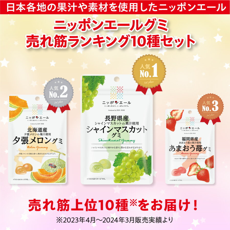 ニッポンエール グミ 売れ筋ランキング上位10種セット 国産果汁 使用 セット ギフト お菓子 おやつ スナック 果汁グミ 国産 果汁 ぶどう メロン イチゴ さくらんぼ うめ もも 桃 マンゴー メール便 詰合せ おやつ ご当地 セット 期間限定 売れ筋 ランキング