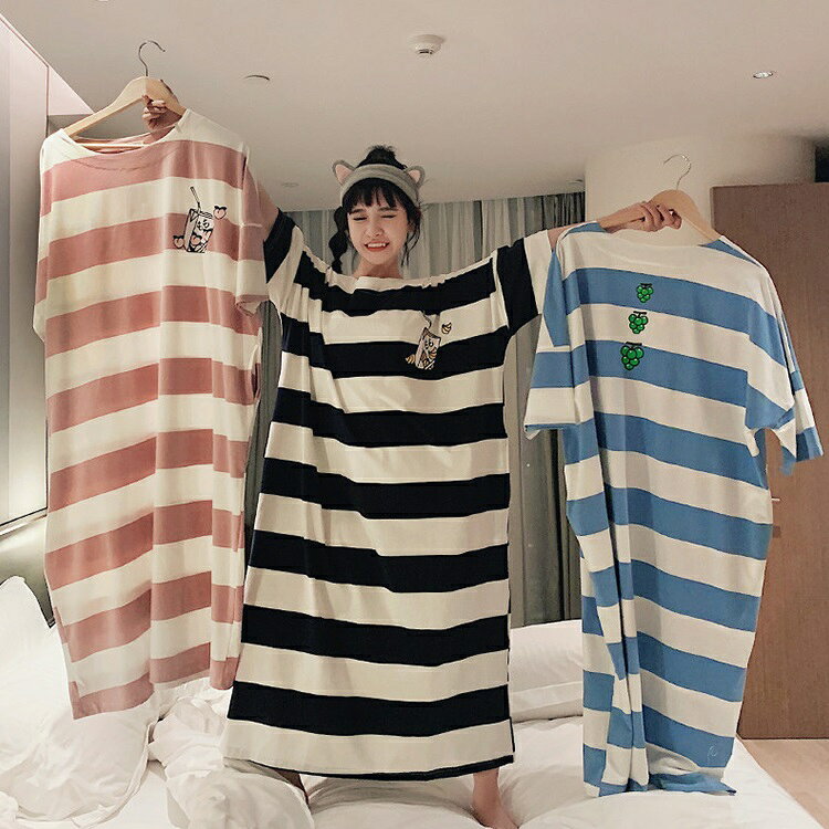 ネグリジェ パジャマ レディース 夏 半袖 可愛い 部屋着 寝巻き ロング丈Tシャツ ワンピース オシャレ きれいめ ルームウエア ゆったり ボーダー 3色