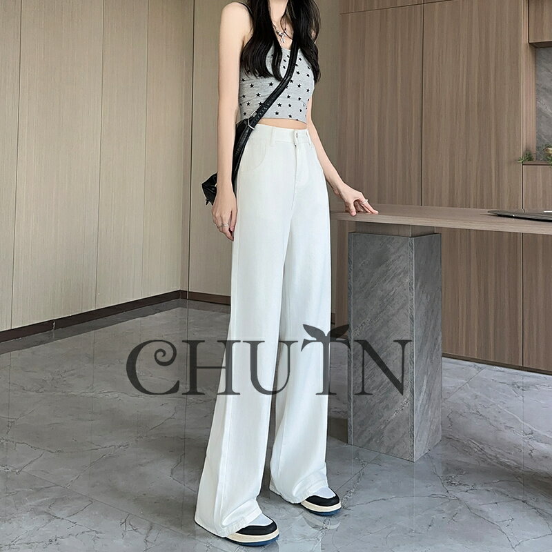 デニムパンツ ストレートパンツ モップ ワイドパンツ デニムパンツ レディース ハイウエスト ベルトループ ポケット付き ホワイト ロングパンツ ドレープ効果 韓国ファッション 着痩せ ゆったり 柔らか おしゃれ 大人 女性用 大学生 普段使い 通勤通学 オールシーズン 着回し